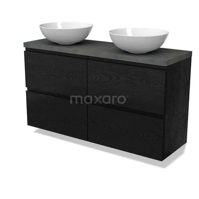 Modulo Plato Slim Badmöbel mit Aufsatzwaschbecken | 120 cm Schwarze Eiche Grifflos front Dunkelgrauer Beton blatt 4 Schubladen BMK38-00560