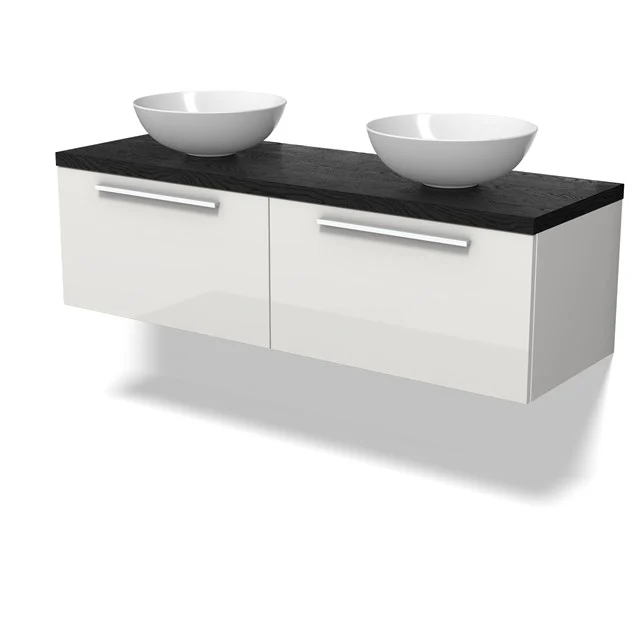 Modulo Plato Badmöbel mit Aufsatzwaschbecken | 140 cm Hochglanz Weiß Flach front Schwarze Eiche blatt 2 nebeneinanderliegende Schubladen BMK12-02043