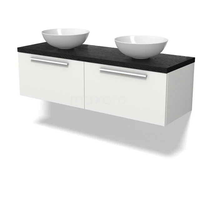 Modulo Plato Badmöbel mit Aufsatzwaschbecken | 140 cm Matt Weiß Flach front Schwarze Eiche blatt 2 nebeneinanderliegende Schubladen BMK12-02044