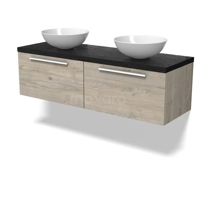 Modulo Plato Badmöbel mit Aufsatzwaschbecken | 140 cm Hellgraue Eiche Flach front Schwarze Eiche blatt 2 nebeneinanderliegende Schubladen BMK12-02048