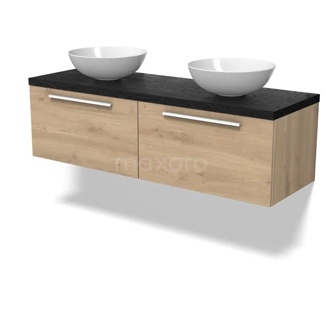 Modulo Plato Badmöbel mit Aufsatzwaschbecken | 140 cm Hellbraune Eiche Flach front Schwarze Eiche blatt 2 nebeneinanderliegende Schubladen BMK12-02049