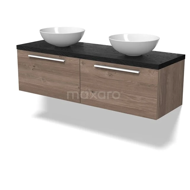 Modulo Plato Vanity units for countertop basin | 140 cm Mid brown oak Flat front Black oak worktop 2 Side-by-side drawers BMK12-02050