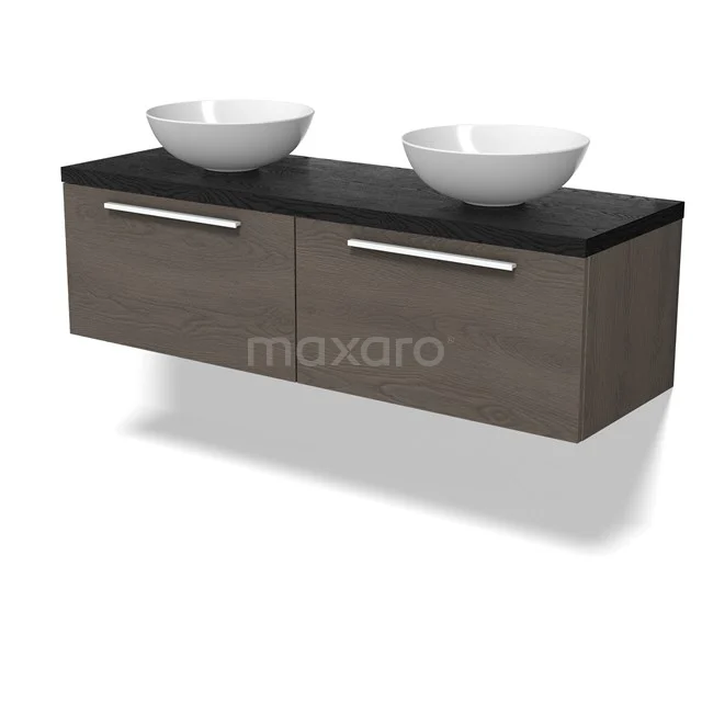 Modulo Plato Badmöbel mit Aufsatzwaschbecken | 140 cm Dunkelbraune Eiche Flach front Schwarze Eiche blatt 2 nebeneinanderliegende Schubladen BMK12-02051