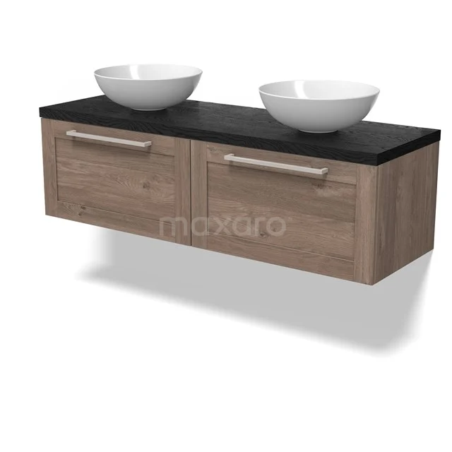 Modulo Plato Badkamermeubel voor waskom | 140 cm Middenbruin eiken Kader front Zwart eiken blad 2 lades naast elkaar BMK12-02058