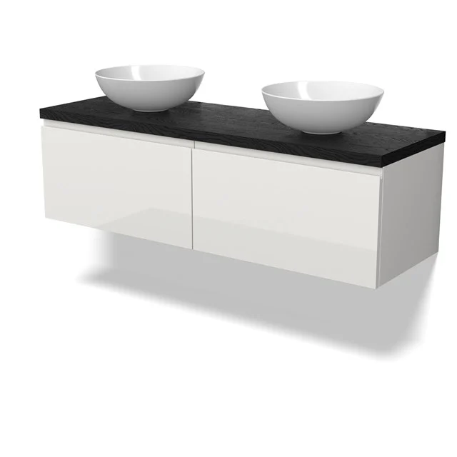 Modulo Plato Badmöbel mit Aufsatzwaschbecken | 140 cm Hochglanz Weiß Grifflos front Schwarze Eiche blatt 2 nebeneinanderliegende Schubladen BMK12-02066