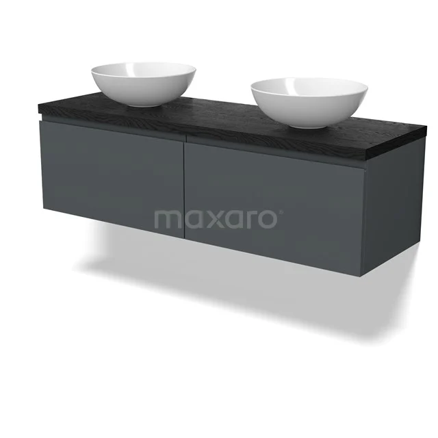 Modulo Plato Badmöbel mit Aufsatzwaschbecken | 140 cm Dunkelgrau Grifflos front Schwarze Eiche blatt 2 nebeneinanderliegende Schubladen BMK12-02068