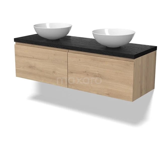 Modulo Plato Badmöbel mit Aufsatzwaschbecken | 140 cm Hellbraune Eiche Grifflos front Schwarze Eiche blatt 2 nebeneinanderliegende Schubladen BMK12-02071