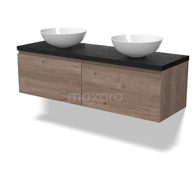 Modulo Plato Vanity units for countertop basin | 140 cm Mid brown oak Handle-less front Black oak worktop 2 Side-by-side drawers BMK12-02072