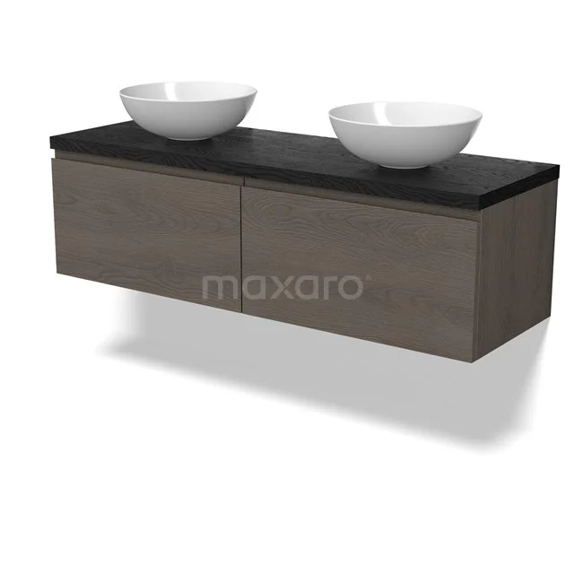 Modulo Plato Badmöbel mit Aufsatzwaschbecken | 140 cm Dunkelbraune Eiche Grifflos front Schwarze Eiche blatt 2 nebeneinanderliegende Schubladen BMK12-02073