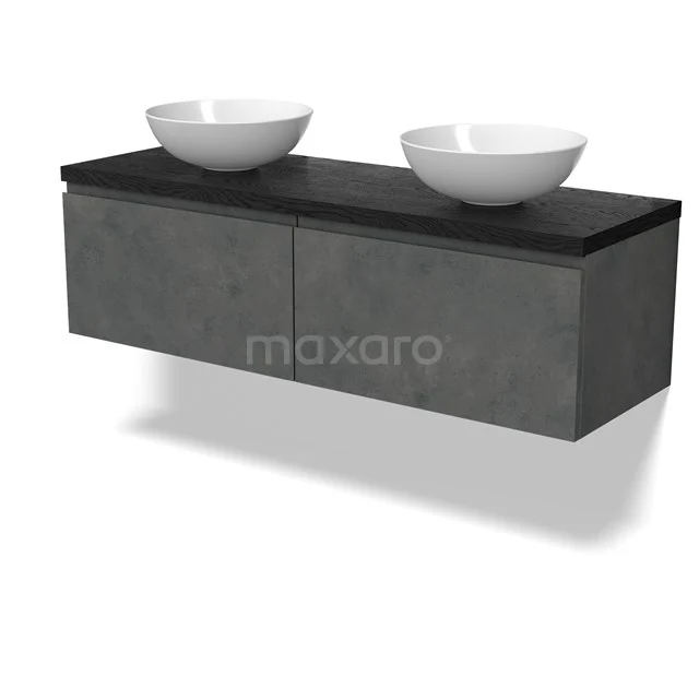 Modulo Plato Badmöbel mit Aufsatzwaschbecken | 140 cm Dunkelgrauer Beton Grifflos front Schwarze Eiche blatt 2 nebeneinanderliegende Schubladen BMK12-02075