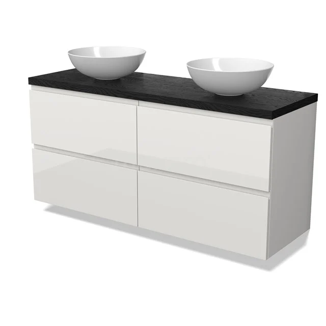 Modulo Plato Vanity units for countertop basin | 140 cm High-gloss white Handle-less front Black oak worktop 4 drawers BMK18-02081