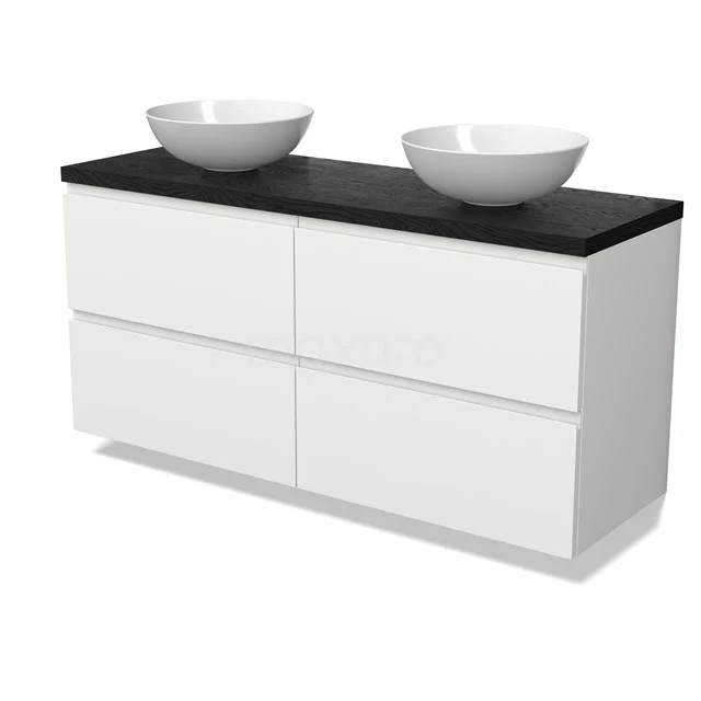 Modulo Plato Badmöbel mit Aufsatzwaschbecken | 140 cm Matt Weiß Grifflos front Schwarze Eiche blatt 4 Schubladen BMK18-02082