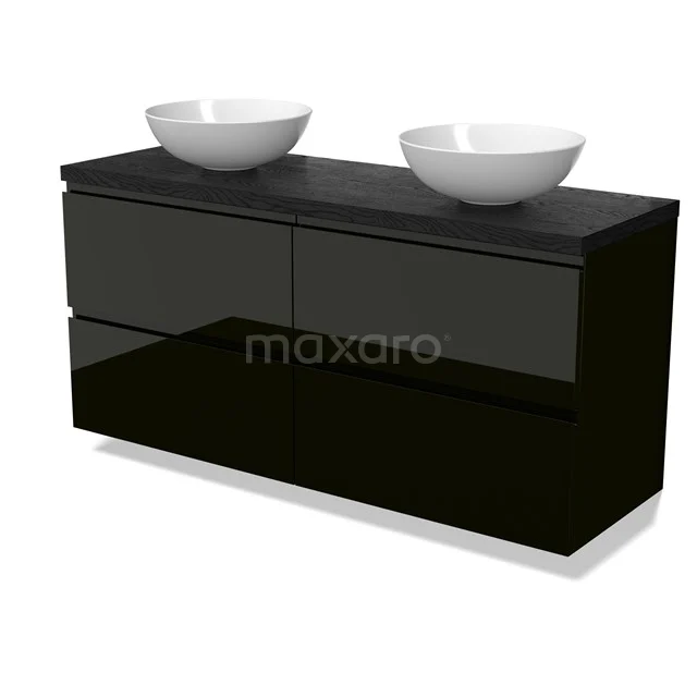 Modulo Plato Vanity units for countertop basin | 140 cm High-gloss black Handle-less front Black oak worktop 4 drawers BMK18-02084