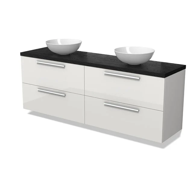 Modulo Plato Badmöbel mit Aufsatzwaschbecken | 180 cm Hochglanz Weiß Flach front Schwarze Eiche blatt 4 Schubladen BMK18-02093