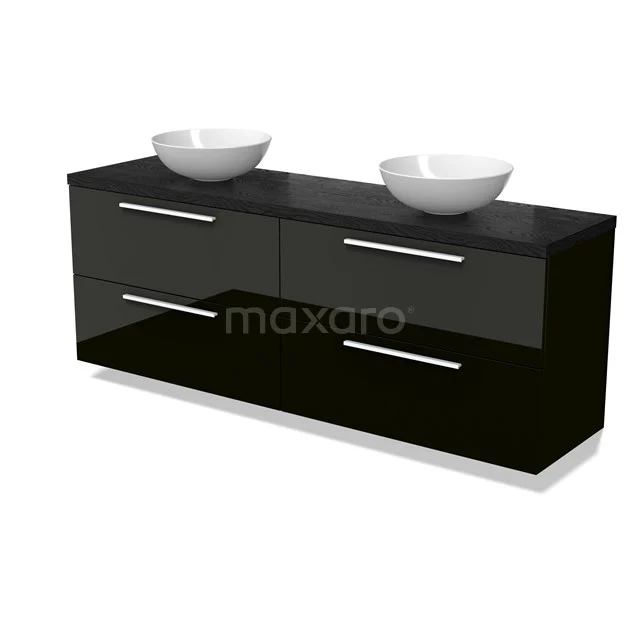 Modulo Plato Badkamermeubel voor waskom | 180 cm Hoogglans zwart Vlak front Zwart eiken blad 4 lades BMK18-02096