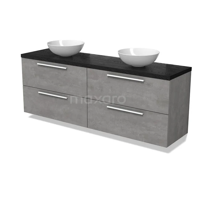 Modulo Plato Badmöbel mit Aufsatzwaschbecken | 180 cm Hellgrauer Beton Flach front Schwarze Eiche blatt 4 Schubladen BMK18-02103