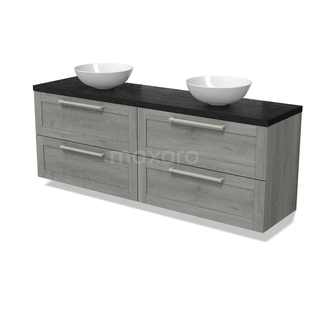 Modulo Plato Badmöbel mit Aufsatzwaschbecken | 180 cm Graue Eiche Rahmen front Schwarze Eiche blatt 4 Schubladen BMK18-02110