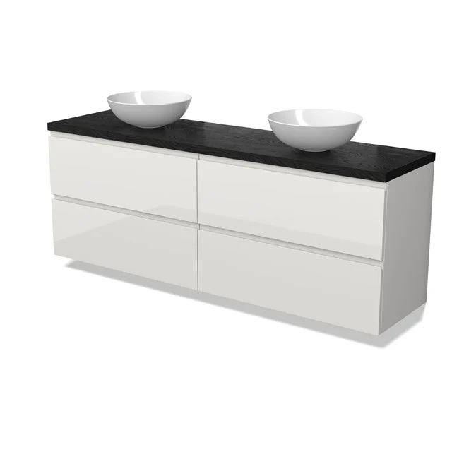 Modulo Plato Vanity units for countertop basin | 180 cm High-gloss white Handle-less front Black oak worktop 4 drawers BMK18-02116