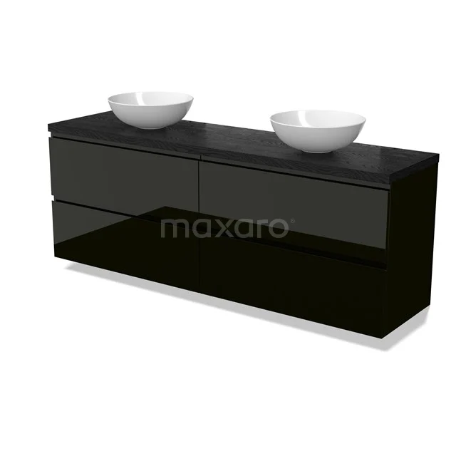 Modulo Plato Badmöbel mit Aufsatzwaschbecken | 180 cm Hochglanz Schwarz Grifflos front Schwarze Eiche blatt 4 Schubladen BMK18-02119