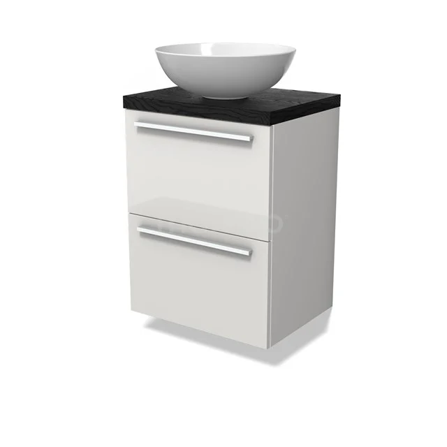 Modulo Plato Slim Vanity units for countertop basin | 50 cm High-gloss white Flat front Black oak worktop 2 Stacked drawers BMK37-02807