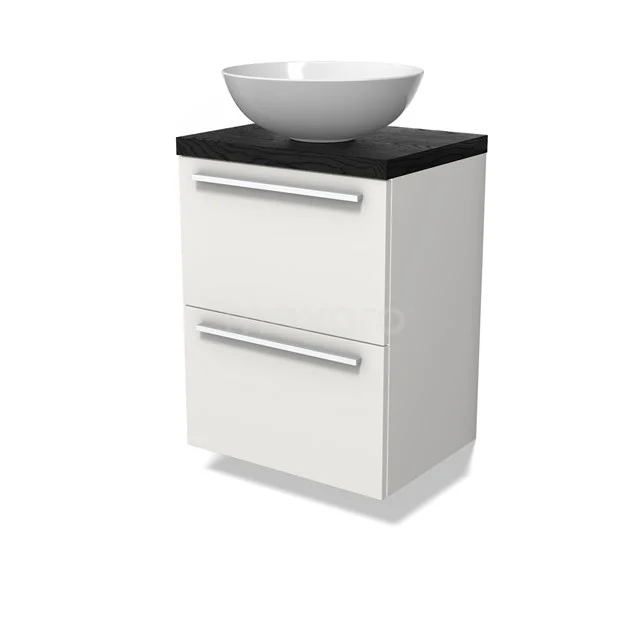 Modulo Plato Slim Badmöbel mit Aufsatzwaschbecken | 50 cm Matt Weiß Flach front Schwarze Eiche blatt 2 übereinanderliegende Schubladen BMK37-02808