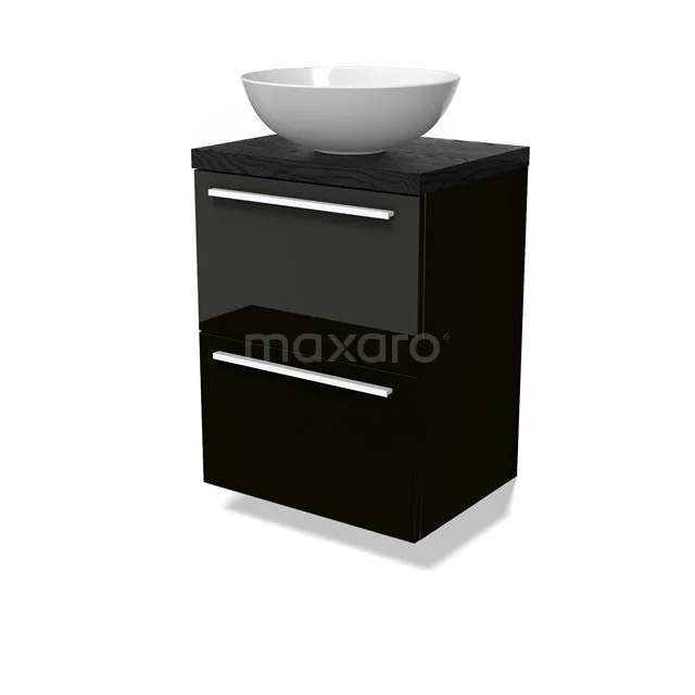 Modulo Plato Slim Vanity units for countertop basin | 50 cm High-gloss black Flat front Black oak worktop 2 Stacked drawers BMK37-02810