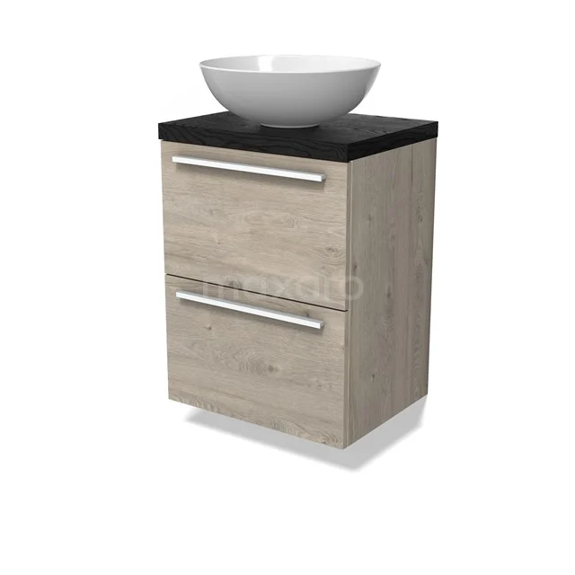 Modulo Plato Slim Vanity units for countertop basin | 50 cm Light grey oak Flat front Black oak worktop 2 Stacked drawers BMK37-02812