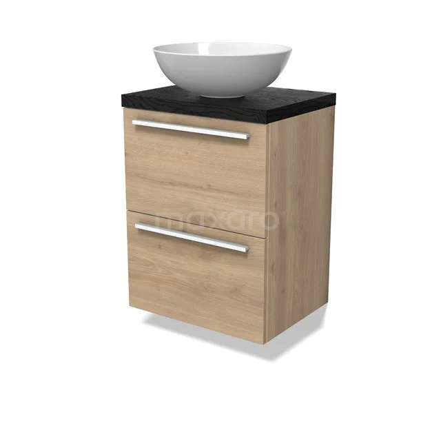 Modulo Plato Slim Vanity units for countertop basin | 50 cm Light brown oak Flat front Black oak worktop 2 Stacked drawers BMK37-02813