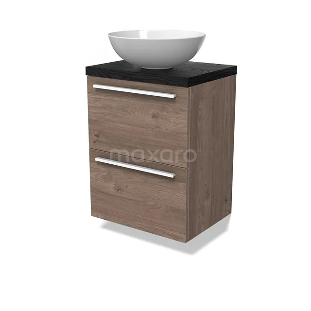 Modulo Plato Slim Vanity units for countertop basin | 50 cm Mid brown oak Flat front Black oak worktop 2 Stacked drawers BMK37-02814