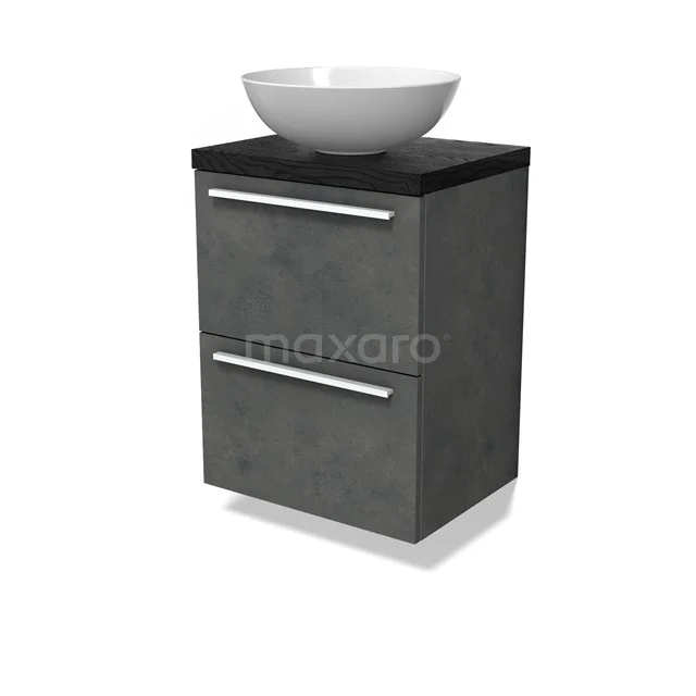 Modulo Plato Slim Vanity units for countertop basin | 50 cm Dark grey concrete Flat front Black oak worktop 2 Stacked drawers BMK37-02817