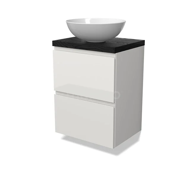 Modulo Plato Slim Badmöbel mit Aufsatzwaschbecken | 50 cm Hochglanz Weiß Grifflos front Schwarze Eiche blatt 2 übereinanderliegende Schubladen BMK37-02832