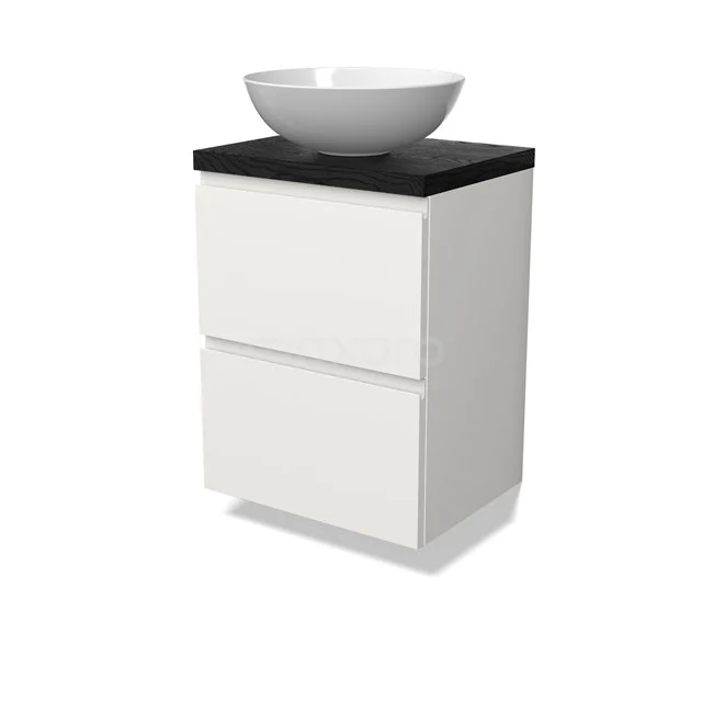 Modulo Plato Slim Badmöbel mit Aufsatzwaschbecken | 50 cm Matt Weiß Grifflos front Schwarze Eiche blatt 2 übereinanderliegende Schubladen BMK37-02833