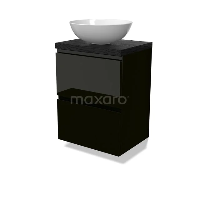 Modulo Plato Slim Vanity units for countertop basin | 50 cm High-gloss black Handle-less front Black oak worktop 2 Stacked drawers BMK37-02835