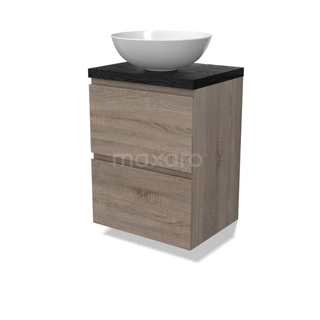 Modulo Plato Slim Badmöbel mit Aufsatzwaschbecken | 50 cm Eiche Grifflos front Schwarze Eiche blatt 2 übereinanderliegende Schubladen BMK37-02836