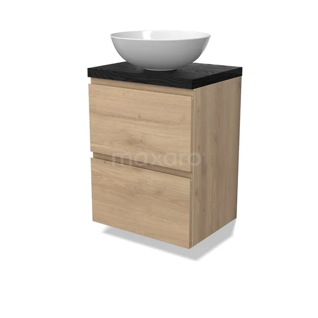Modulo Plato Slim Vanity units for countertop basin | 50 cm Light brown oak Handle-less front Black oak worktop 2 Stacked drawers BMK37-02838