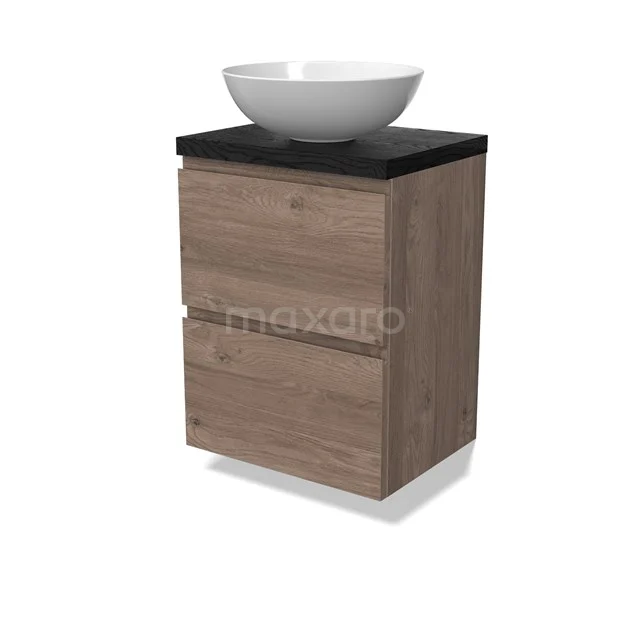 Modulo Plato Slim Vanity units for countertop basin | 50 cm Mid brown oak Handle-less front Black oak worktop 2 Stacked drawers BMK37-02839