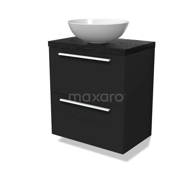 Modulo Plato Slim Vanity units for countertop basin | 60 cm Matte black Flat front Black oak worktop 2 Stacked drawers BMK37-02843