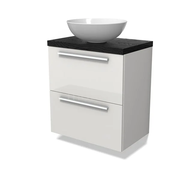 Modulo Plato Slim Badmöbel mit Aufsatzwaschbecken | 60 cm Hochglanz Weiß Flach front Schwarze Eiche blatt 2 übereinanderliegende Schubladen BMK37-02845