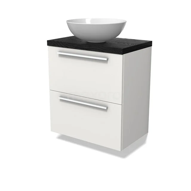 Modulo Plato Slim Vanity units for countertop basin | 60 cm Matte white Flat front Black oak worktop 2 Stacked drawers BMK37-02846