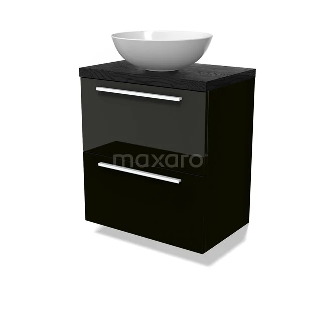 Modulo Plato Slim Vanity units for countertop basin | 60 cm High-gloss black Flat front Black oak worktop 2 Stacked drawers BMK37-02848