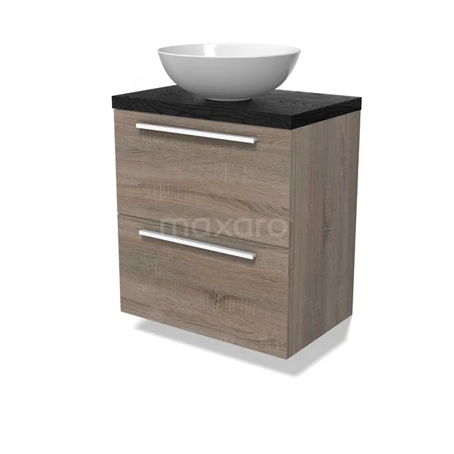 Modulo Plato Slim Vanity units for countertop basin | 60 cm Oak Flat front Black oak worktop 2 Stacked drawers BMK37-02849