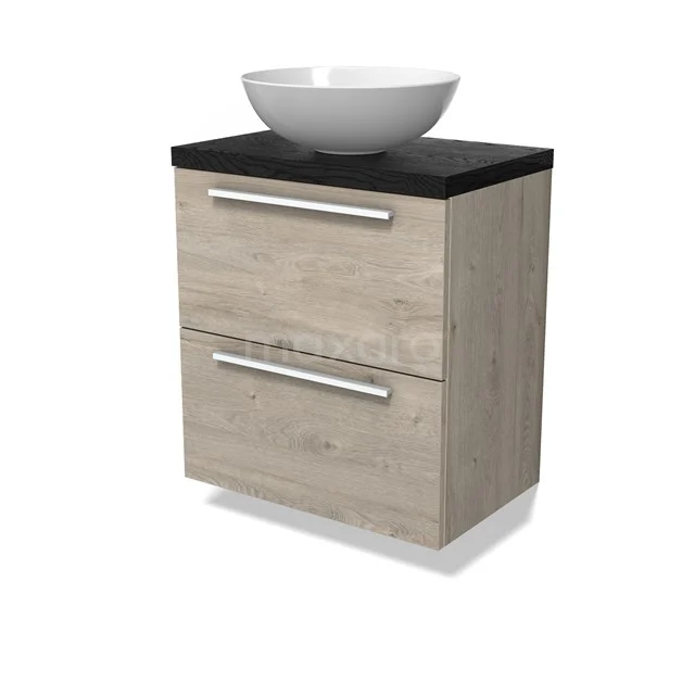 Modulo Plato Slim Vanity units for countertop basin | 60 cm Light grey oak Flat front Black oak worktop 2 Stacked drawers BMK37-02850