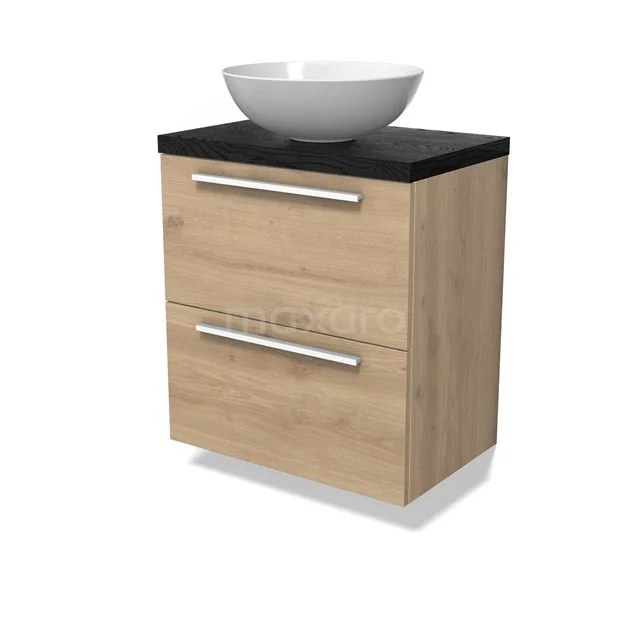 Modulo Plato Slim Badmöbel mit Aufsatzwaschbecken | 60 cm Hellbraune Eiche Flach front Schwarze Eiche blatt 2 übereinanderliegende Schubladen BMK37-02851