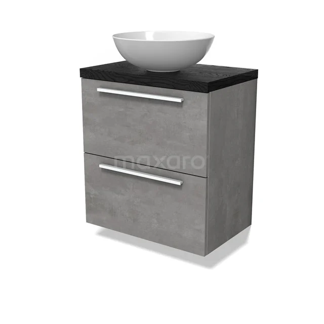 Modulo Plato Slim Badmöbel mit Aufsatzwaschbecken | 60 cm Hellgrauer Beton Flach front Schwarze Eiche blatt 2 übereinanderliegende Schubladen BMK37-02854