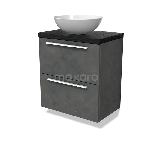 Modulo Plato Slim Badmöbel mit Aufsatzwaschbecken | 60 cm Dunkelgrauer Beton Flach front Schwarze Eiche blatt 2 übereinanderliegende Schubladen BMK37-02855