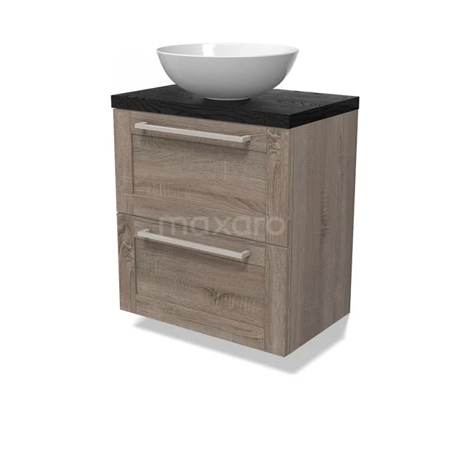 Modulo Plato Slim Vanity units for countertop basin | 60 cm Oak Frame front Black oak worktop 2 Stacked drawers BMK37-02856
