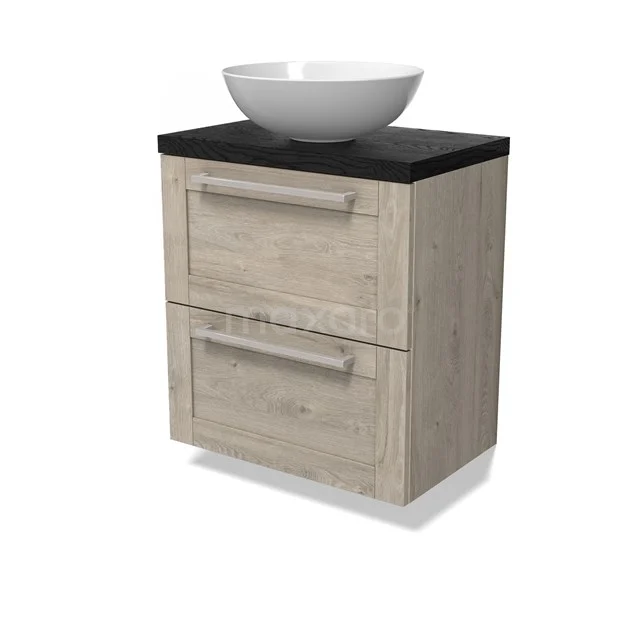 Modulo Plato Slim Badmöbel mit Aufsatzwaschbecken | 60 cm Hellgraue Eiche Rahmen front Schwarze Eiche blatt 2 übereinanderliegende Schubladen BMK37-02857