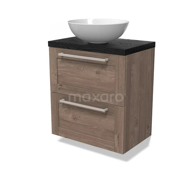 Modulo Plato Slim Vanity units for countertop basin | 60 cm Mid brown oak Bordered front Black oak worktop 2 Stacked drawers BMK37-02859
