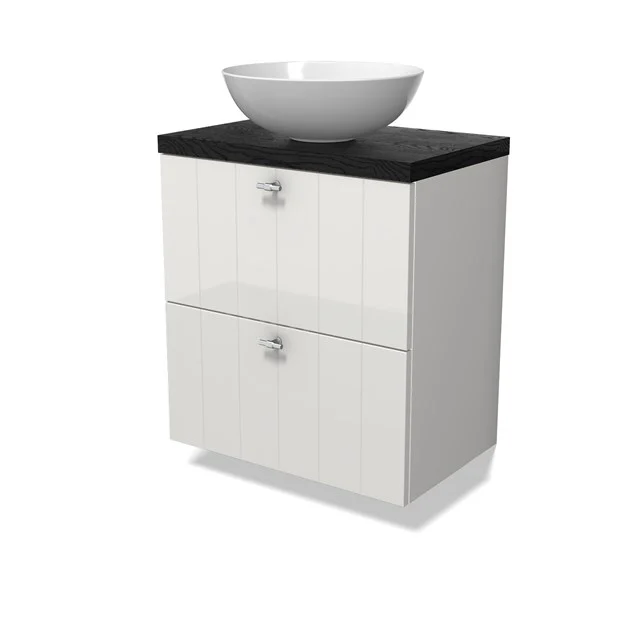 Modulo Plato Slim Vanity units for countertop basin | 60 cm High-gloss white Slat front Black oak worktop 2 Stacked drawers BMK37-02864