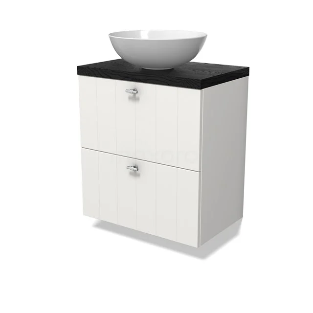 Modulo Plato Slim Vanity units for countertop basin | 60 cm Matte white Slat front Black oak worktop 2 Stacked drawers BMK37-02865